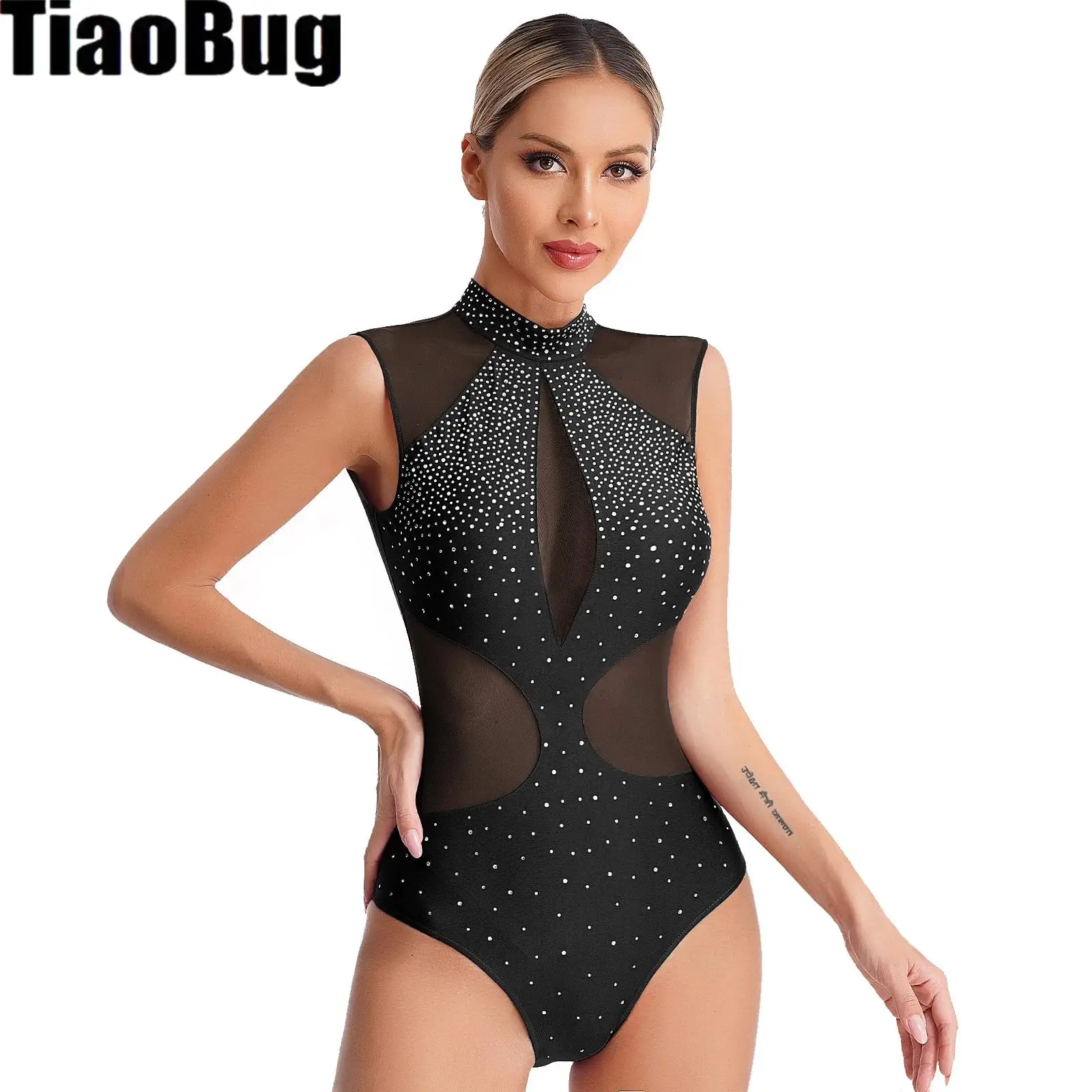 

Женское танцевальное трико для фигурного катания, блестящее женское Сетчатое лоскутное Боди без рукавов с вырезом на спине для гимнастики