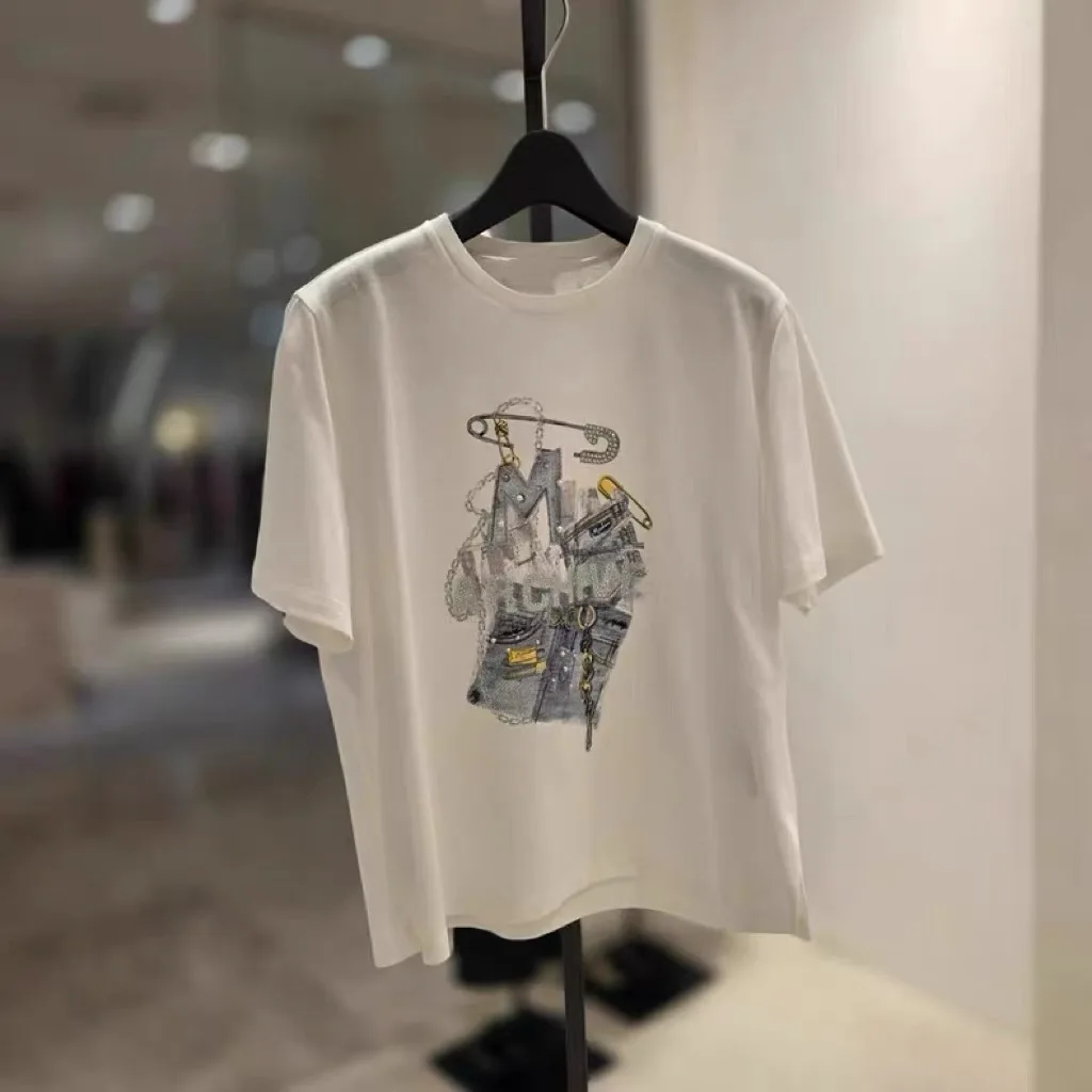 

NingYao High Quality Spring round Neck Loose Fit Printed Short Sleeve T-Shirt Hand Sewn Beads Versatile Cotton Commute Style
