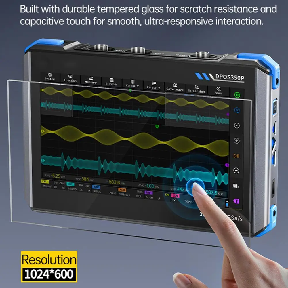 

4-in-1 Tablet Oscilloscope 350MHz, Spectrum Analyzer 200KHz - 350MHz, Frequency Response Analyzer DDS Generator, 2CH Handheld
