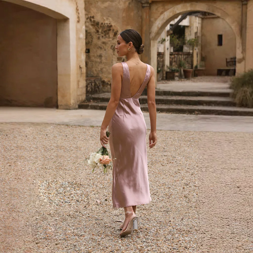 Vrouw elegante jurk gewaden Invitée Mariage satijn vrouwen lange bruidsmeisje V-hals maxi-jurk in roze voor Lady Party