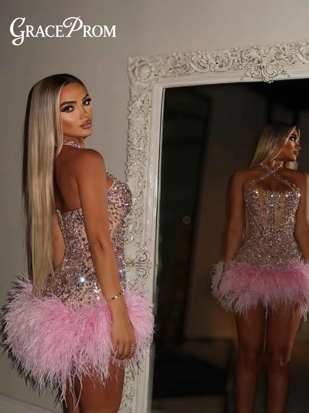 

Luxurious Crystal Evening Dress Sultry Halter Evening Gown 2026 Plush Feathered Short-Length Party Gown Customized