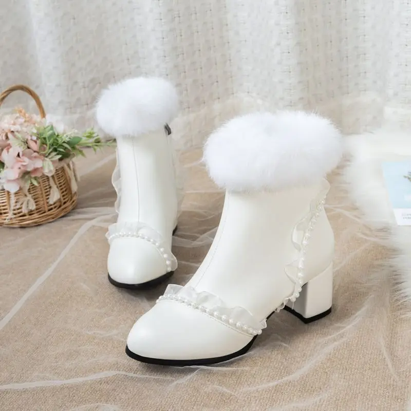 ASILETO 2024 New Women Ankle Boots Round Toe Block Heel 6cm Pearl Rabbit Fur Warm Winter Bota Plus Size 46 47 48 Sweet Shoes