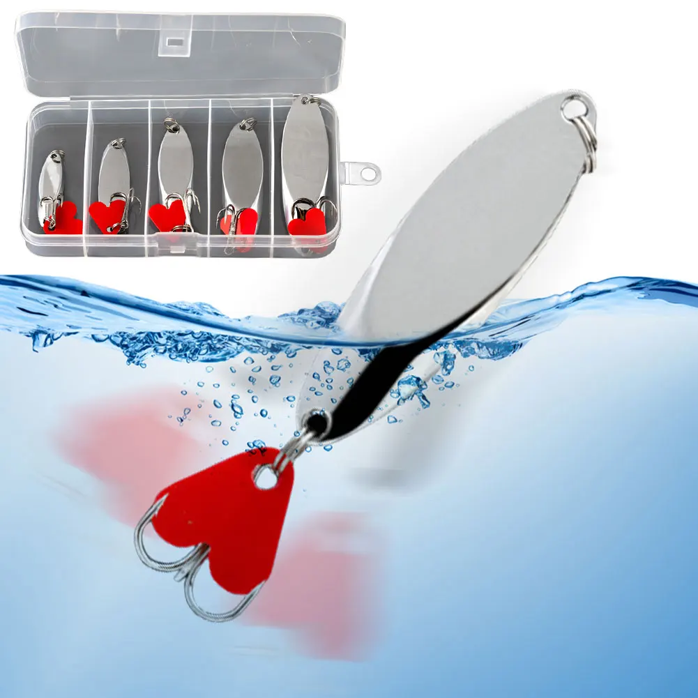 

Набор из 5 металлических вращающихся блесен-джигов с коробкой для рыболовных снастей, жесткие искусственные приманки для ловли баса и щуки