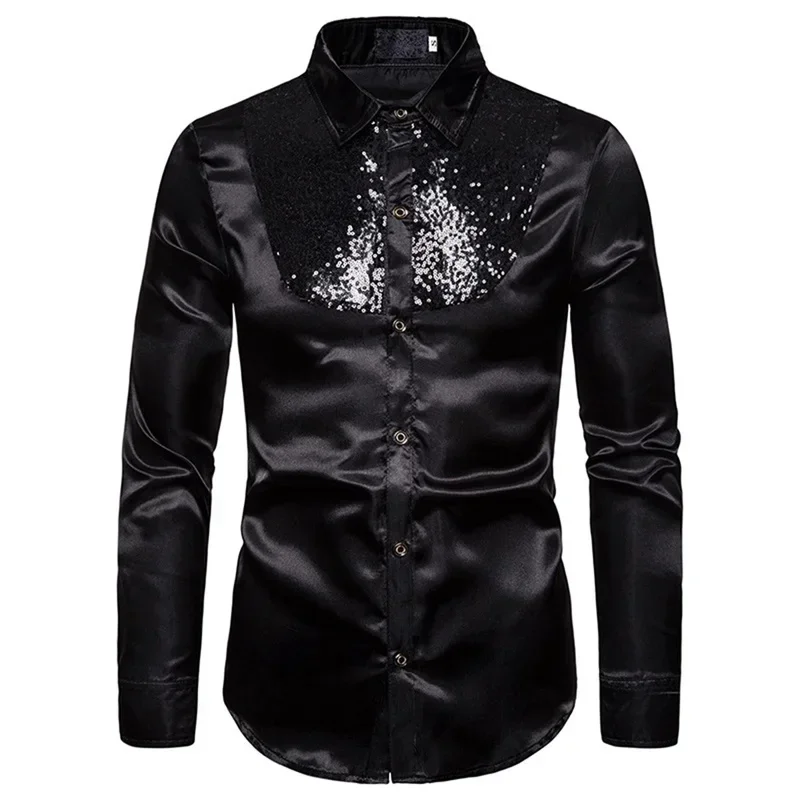 w80  Sequined Performance Nightclub Men's Host MC Men's Lapel Long Sleeve Solid Color Shirt Mens Dress Shirts