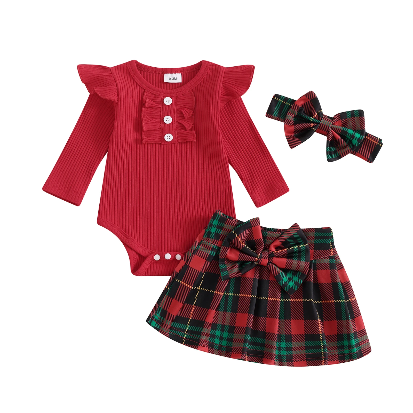 Baby Girls Christmas Outfits Long Sleeve Ribbed Romper + Plaid Skirt + Headband Set Newborn Clothes