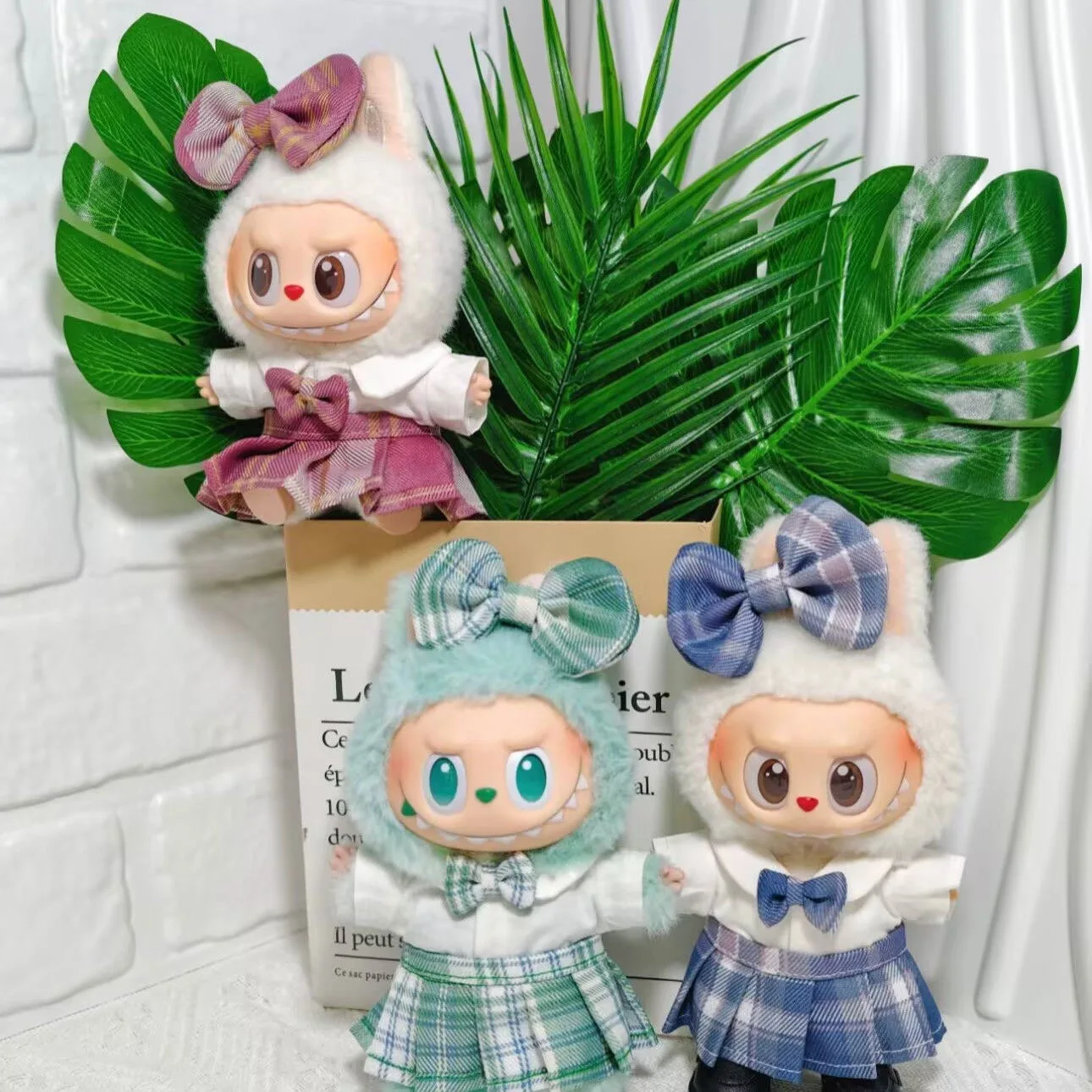 

For 17cm Labubus Mini Doll clothes Bow headband shirt JK plaid skirt set Labubu girl clothing Outfit shoes camera accessorie