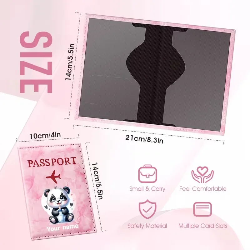 Personalized Custom Name Cute Panda Illustration Design PU Passport Holder, Adorable Panda Holding Heart Pattern Presents