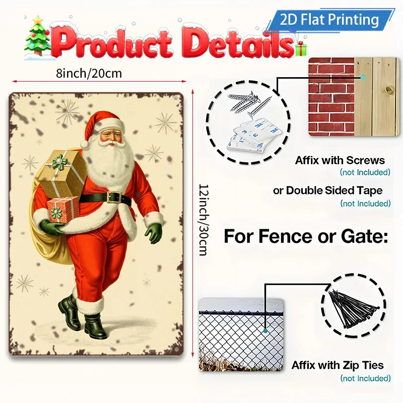 [2D FLAT] 1 cartel de metal vintage Papá Noel 2D impresión plana arte de pared de metal