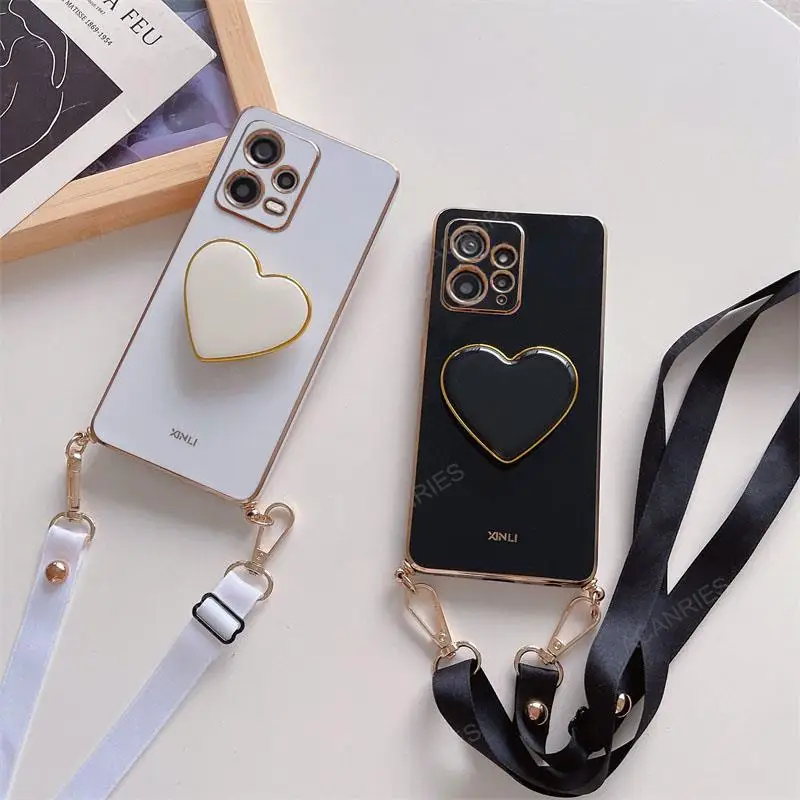 Pocox5 Plating Love Heart Holder Crossbody Lanyard Case For Xiaomi Mi Poco X5 X4 X3 Pro Nfc Back Cover On Poko X5pro X 5 4 3 F5