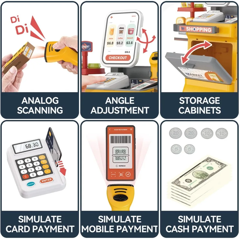Ensemble de jeu de caisse enregistreuse pour enfants, jeu de simulation, Shopping, calculatrice d'argent, Scanner, carte de crédit, nourriture pour garçons et filles, cadeau d'anniversaire