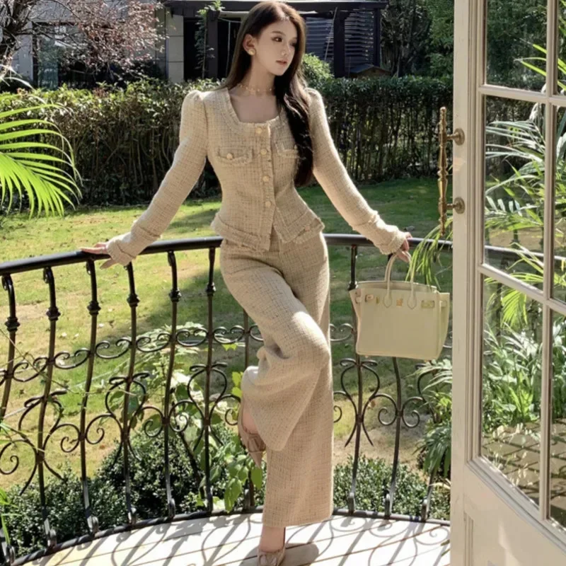 Women's Jacket Casual Slim Square Collar Long Sleeve Plaid Short Jacket Same Style Loose Pants Luxury Design Wool Pants Suit