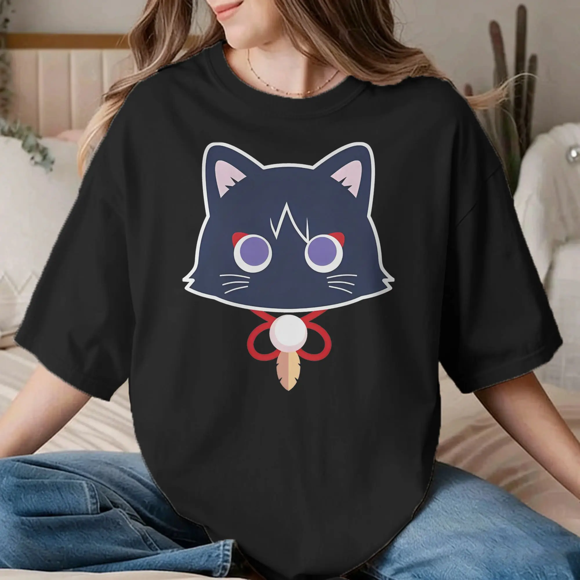 scarameow Wanderer cat T-Shirt Men Women Genshin Impact Funny 100% Cotton Tee Shirt Crew Neck T Shirt Original Clothing