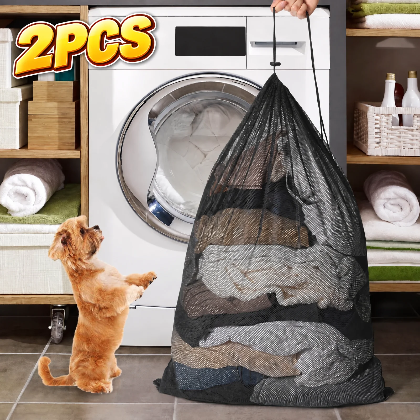 2pcs Mesh Laundry Bags with Locking Drawstring Tear Resistant Foldable Laundry Storage Bags for Blankets Towels Travel Dorm