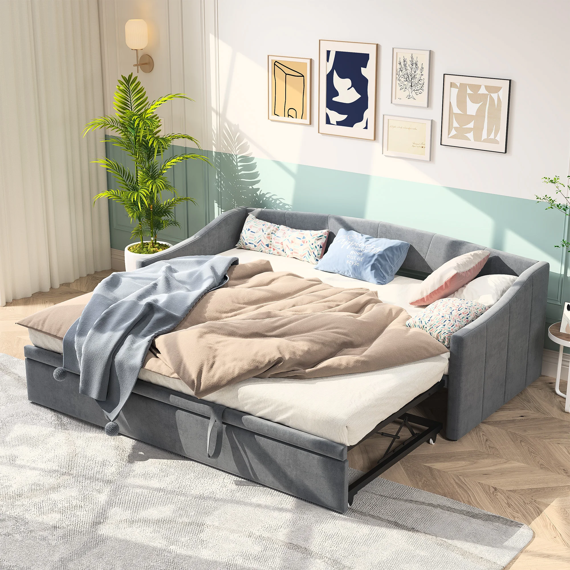 Day Bed Extendable Sofa Bed  90 x 200 cm Velvet Fabric Frame Sofa Bed with Slatted Frames,without Mattress