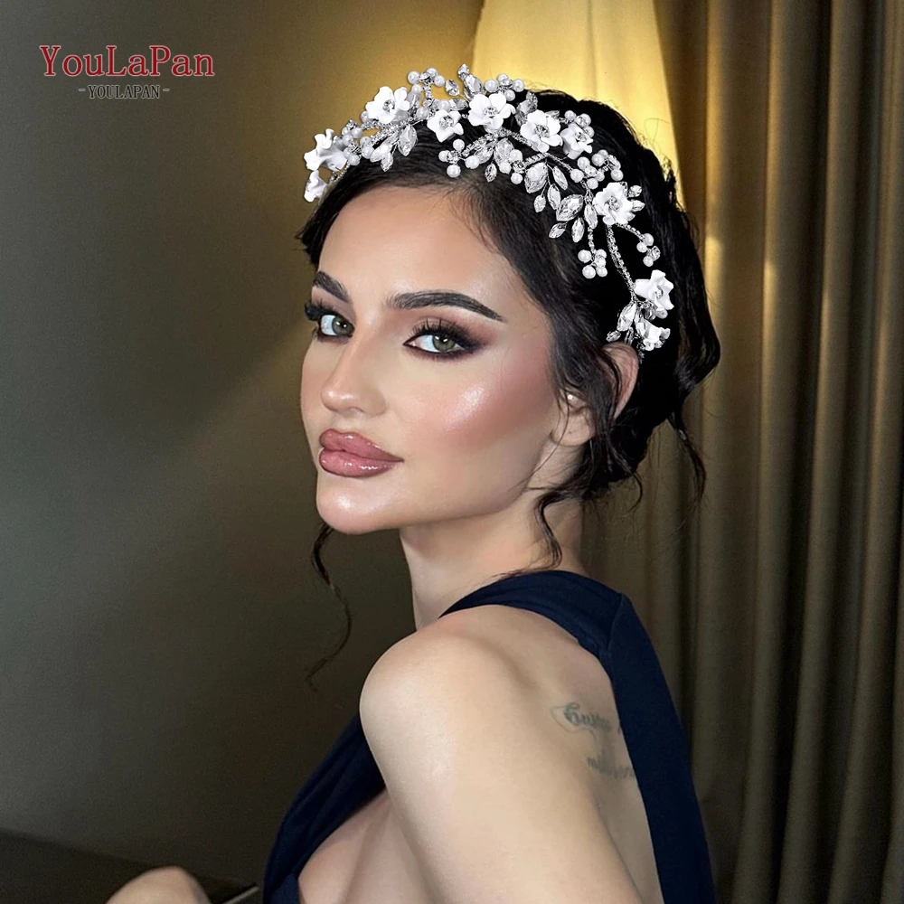 

YouLaPan Silver Color Bride Floar Headband Rhinestone Pearl Wide Hair Band Headpieces Hair Accessories Princess Headdress HP945