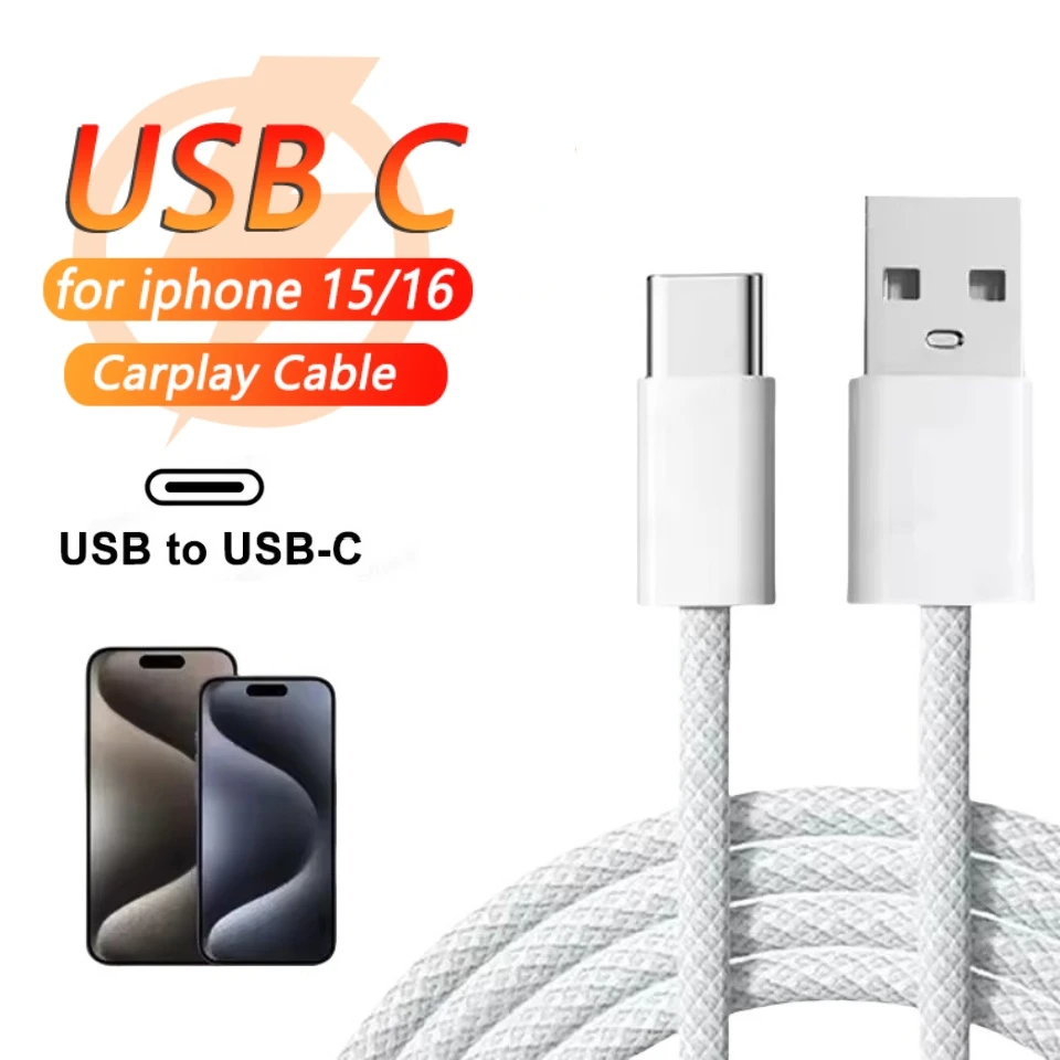 For iPhone 15/16 Pro/15 Pro Max/15 Plus Carplay Cable USB C Mobile Phone Fast Charging Cord Nylon Braided Cables For Car Play