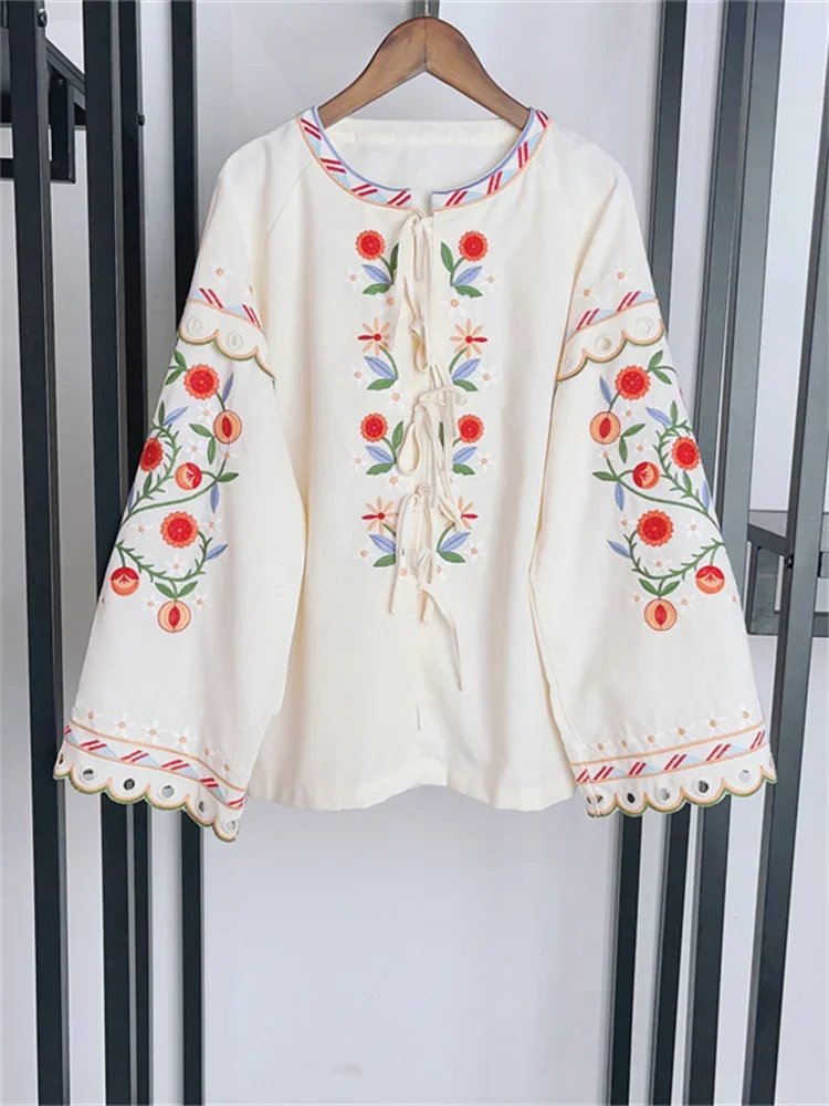 French Luxury E Shirt Women Colorful Flower Embroidery Blouse Spring New Ladies Lace Up Flare Sleeve Vintage Sweet Long Sleeve