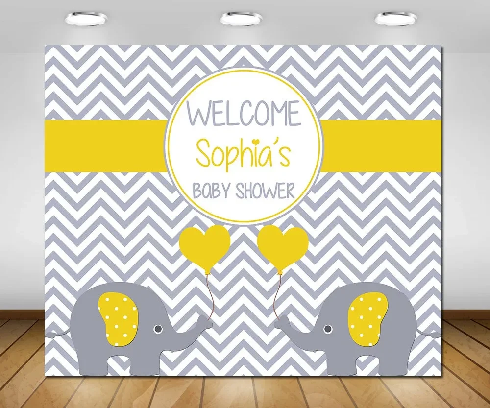 

custom elephant baby shower chevron grey yellow background High quality Computer print party backdrops