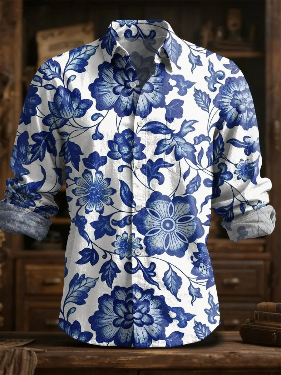 

2025 Spring/Summer Men's Fashion Linen Long Sleeve Linen Shirt, Elegant Printing, Exquisite Flower Design
