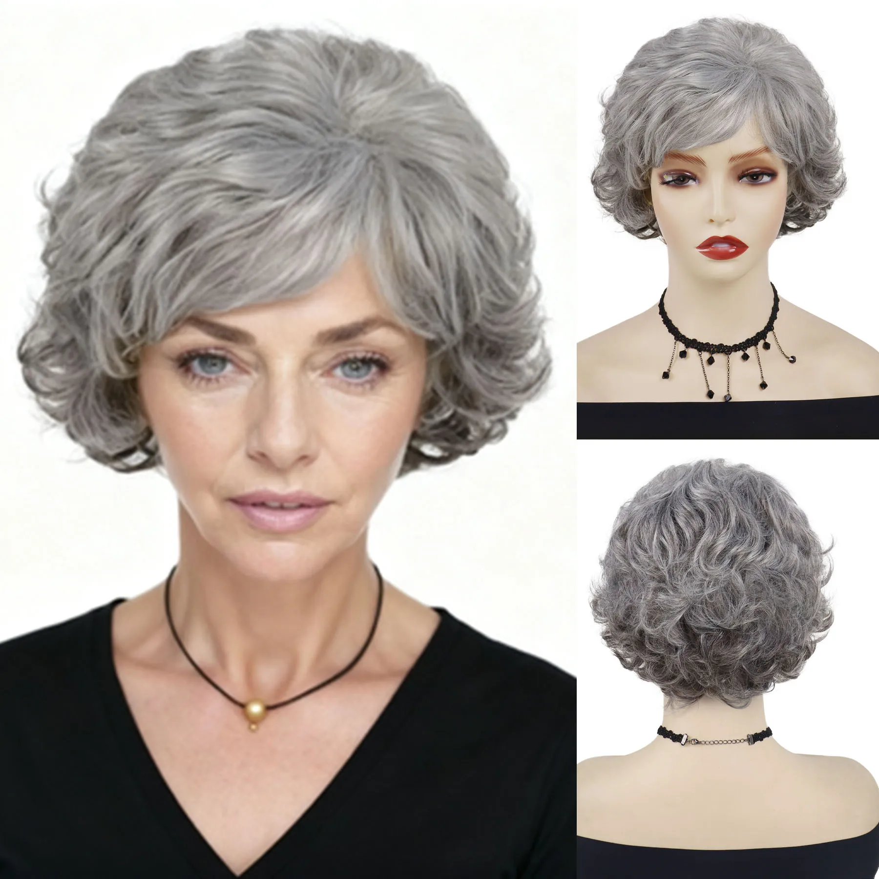

Женские волосы Синтетический серебристо-серый парик для пожилых леди Пушистые короткие вьющиеся парики с челкой Повседневный костюм Повседневная прическа Бабушка парик