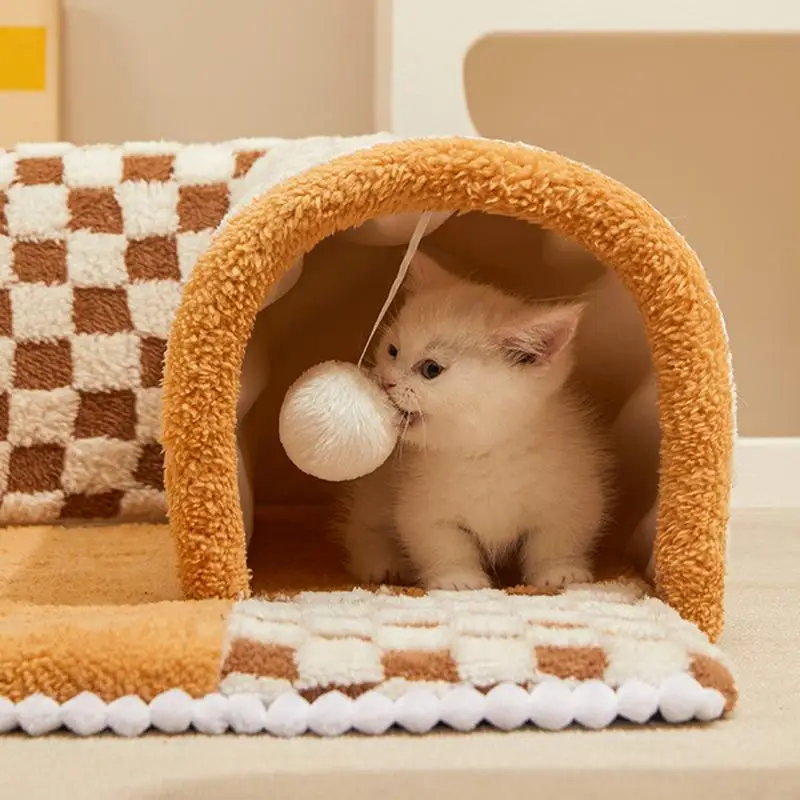 2 in 1 Plush Cat Tunnel Bed Plush Pet Bed with Suspension Ball Large Cat Tunnel Bed Tunnel Cat Haven Winter Warm Cat Mat