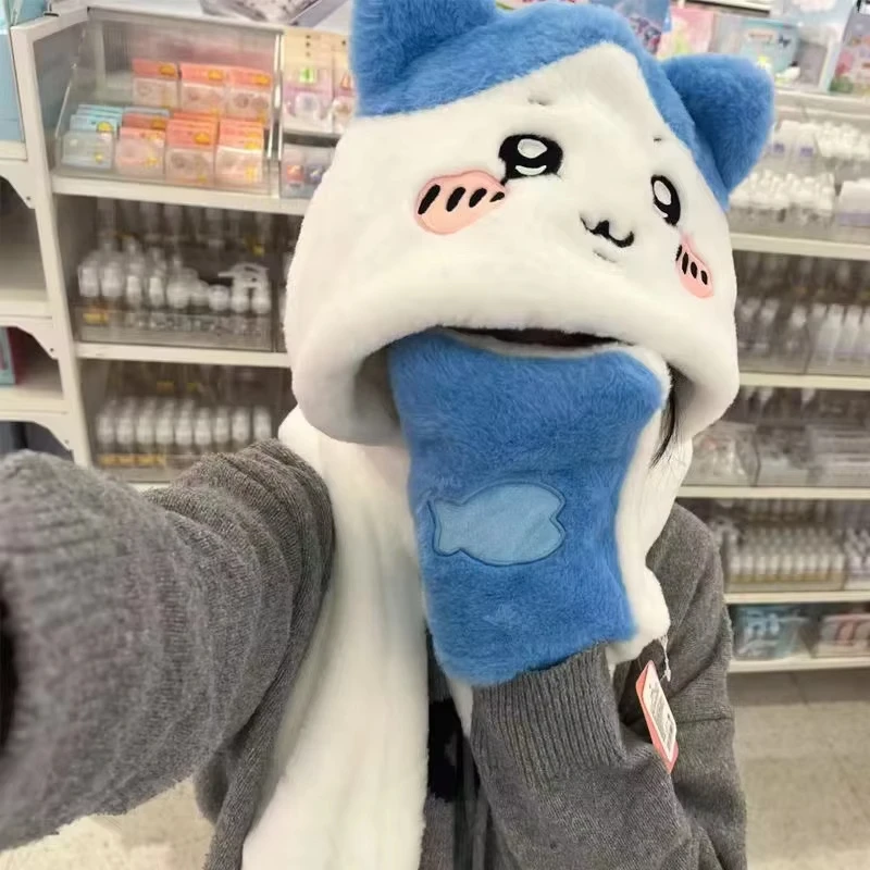 Y2K Kawaii Chiikawas Hachiware لطيف هدية عيد ميلاد قبعة وشاح الشتاء أفخم الباردة الدافئة الكل في واحد الفتيات قبعة طالب قبعة مهرجان هدية