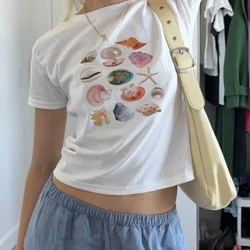 Sea Shell Baby Tee T-shirt Vintage Collage Aesthetic Seashell Crop Top Coastal Grandma Cute Women's T-Shirt Harajuku Y2k Top