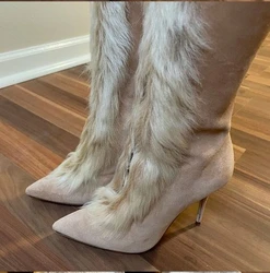 Rabbit Hair Decoration Pointed Toe Winter Warm Side Zip Knee High Boots Solid Artificial Short Plush Suede Women's Stiletto Heel