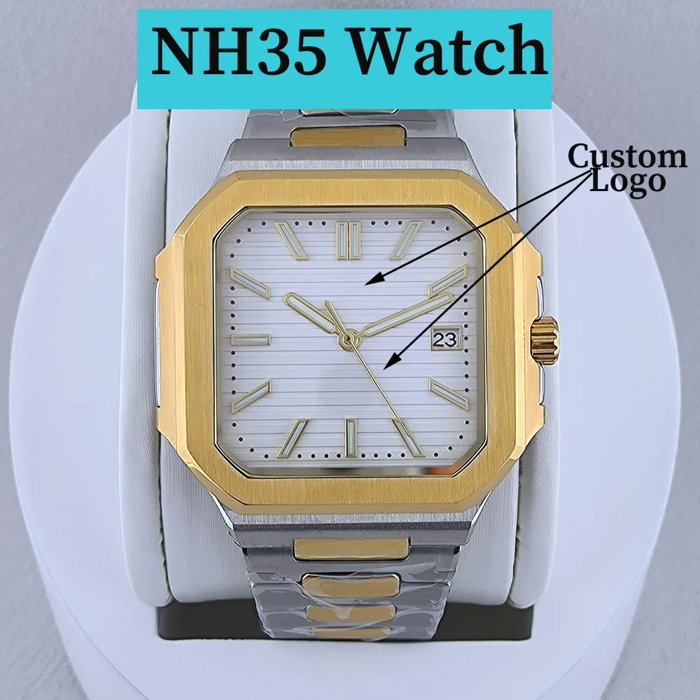 38.5mm NH35 Watch Square Case Parts Folding Clasp Watch Band For Nau Modified Fit NH35 NH38 Movement Sapphire Crystal Glass