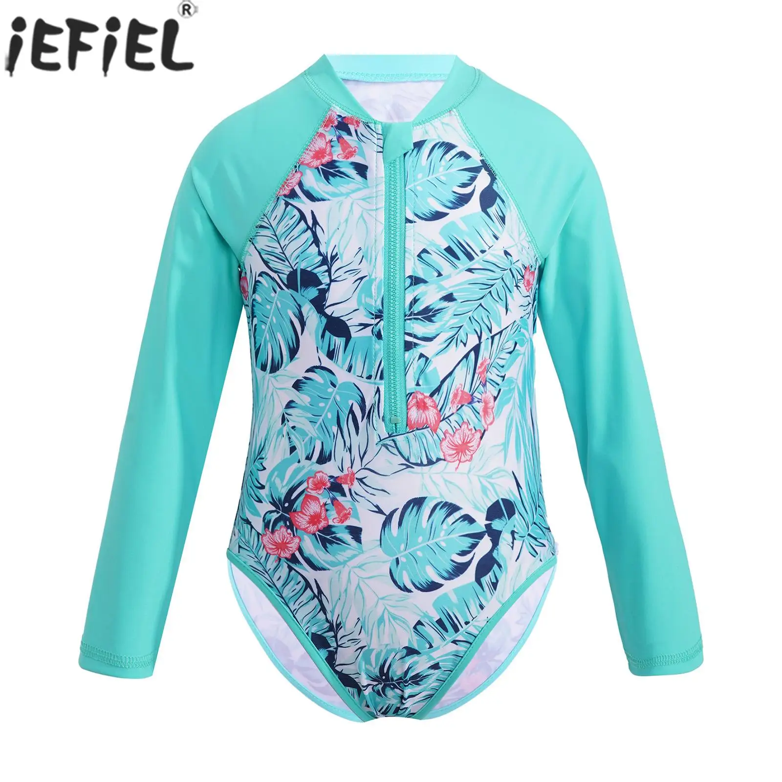 Kids Girls Children Swimwear Long Sleeves Floral Printed One-Piece Zippered Swimsuit Beachwear Swimming Bathing Suit Rash Guard