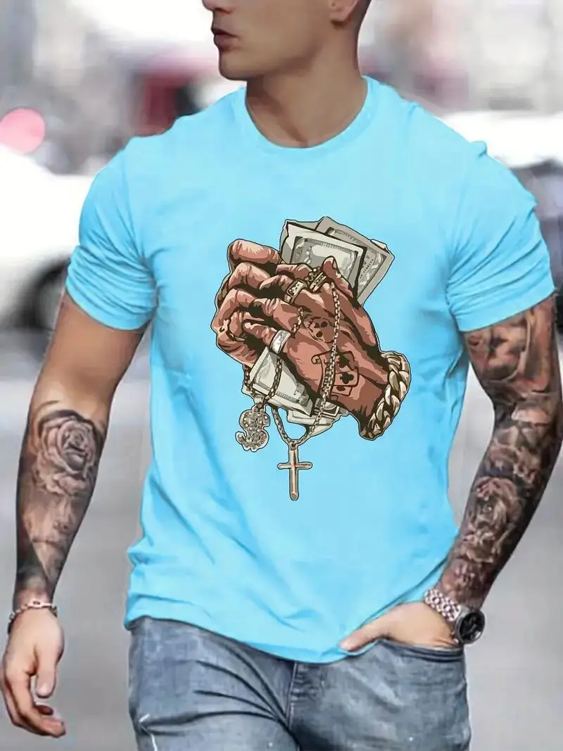 Hands Money Print, Men\'s T-shirt, Round Neck Short Sleeve Tops, Patterned T-shirt, Men\'s Summer Wear, Men\'s Clothing