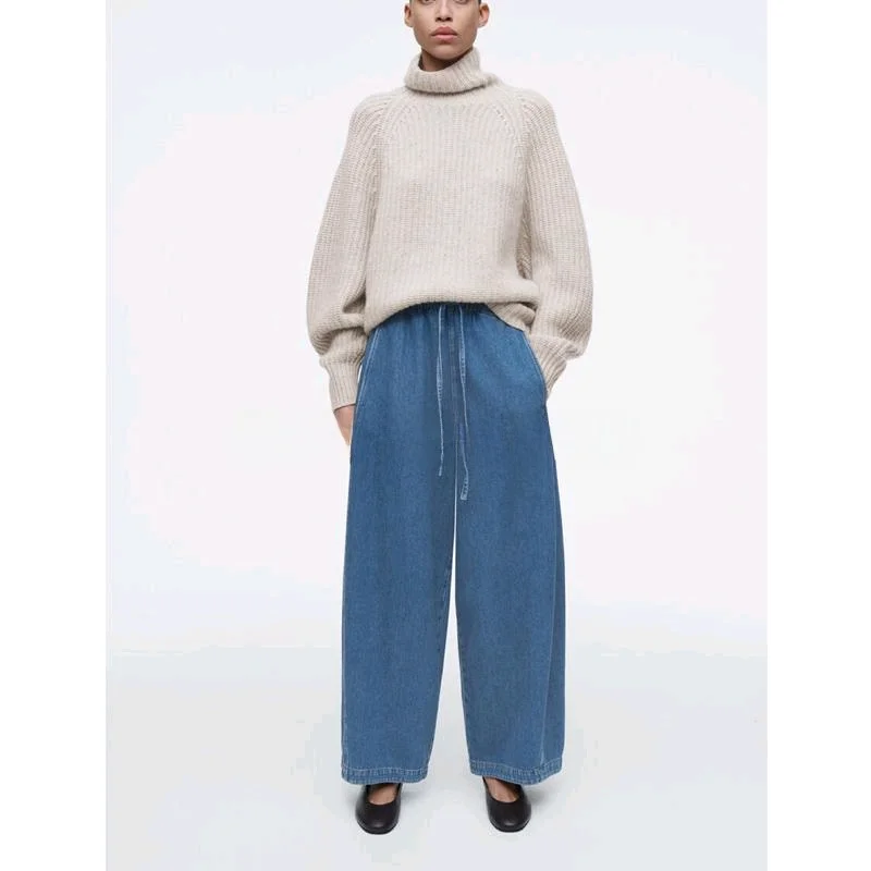 CS Spring New Casual Version Dstring Waist Denim Jeans Blue Wide Leg Pants Adult Wear Resistant Loose Fit Long Trousers