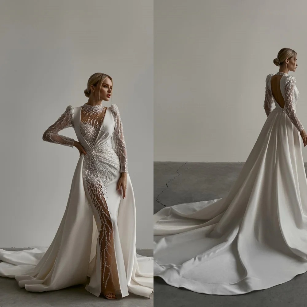 

Customized High Quality White Satin Wedding Dress Sexy High Collar Long Sleeves Chapel Train Pearls Lace Backless Bridal Gowns