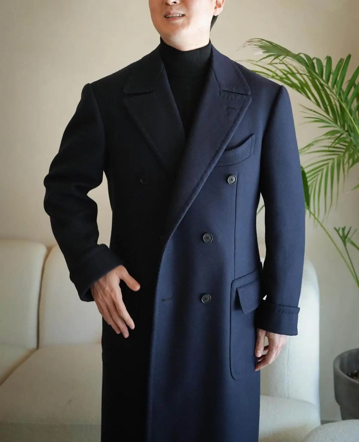 Abrigo personalizado de mezcla de lana para hombre, abrigo largo, chaqueta Vintage con doble botonadura, chaqueta de ajuste Regular de una pieza