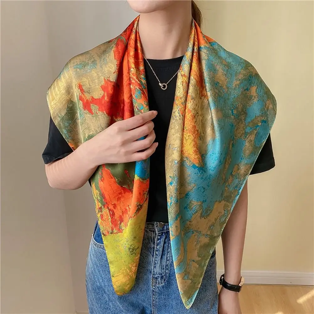 Women Luxury Silk Scarf Breathable Print Beach Shawl Smooth Sun-Resistant Hijab