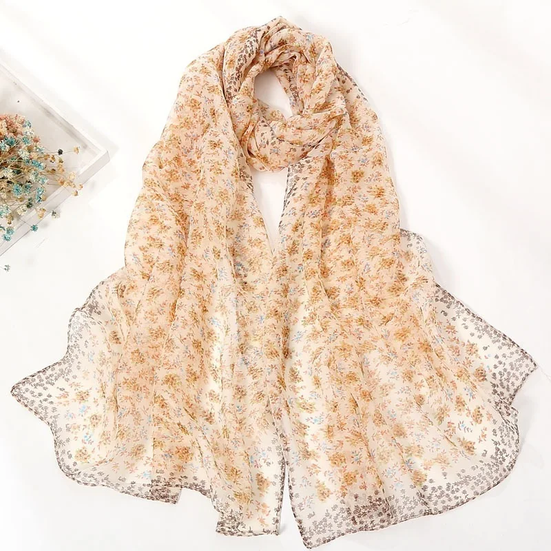 Women Ditsy Floral Scarf Georgette Boho Style Neck Scarf Beach Cover‑up Shawl Four Season Decorative Scarf Vintage Head Wrap