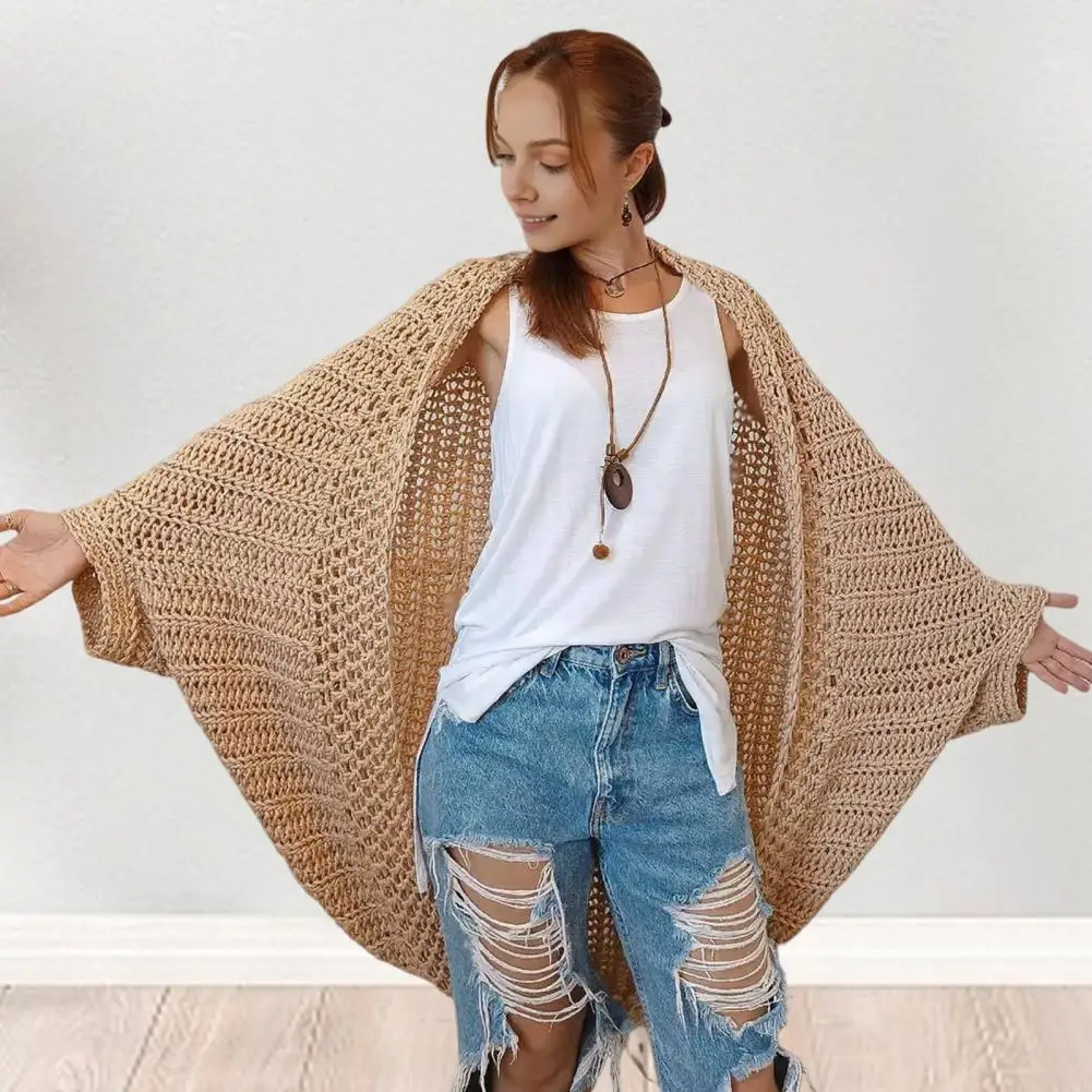 Women Knitting Cardigan No Collar Batwing Sleeve Bohemian Style Shawl Sweater Wrap Solid Color Knitted Cable Wrap