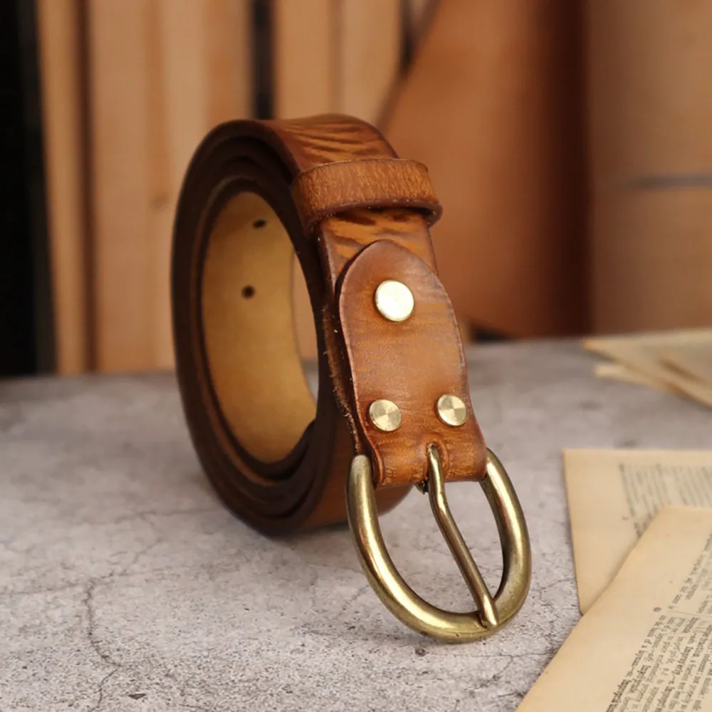 

Fashionable Unisex Top-grain Cowhide Leather Belt in 3cm Width, Casual Copper Buckle Belt with Vintage Worn-out Feature