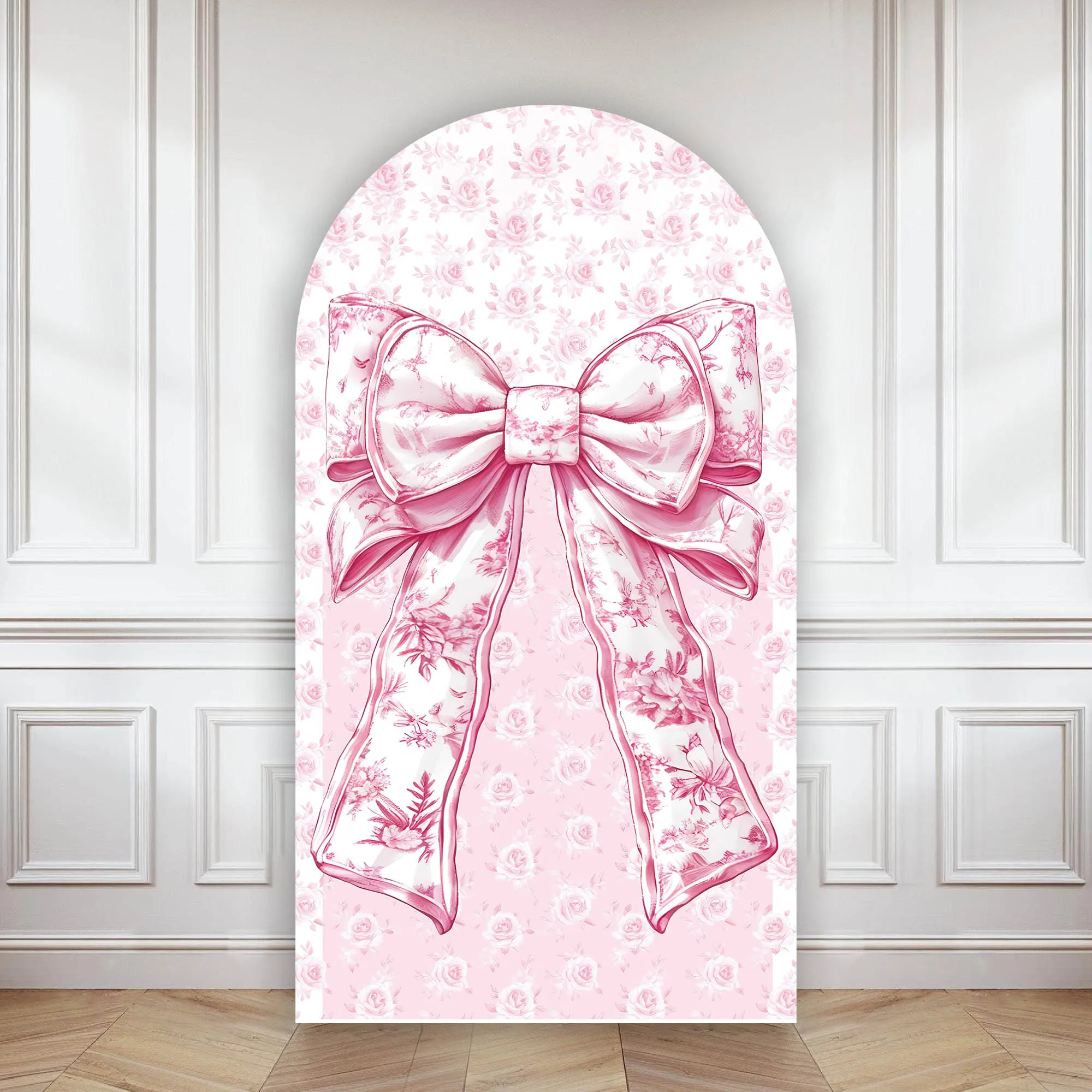 Mehofond Custom 2-Sided Pink Toile Bows Girls First Birthday Party Baby Shower Covers Chiara Arch Wall Background Decor Backdrop