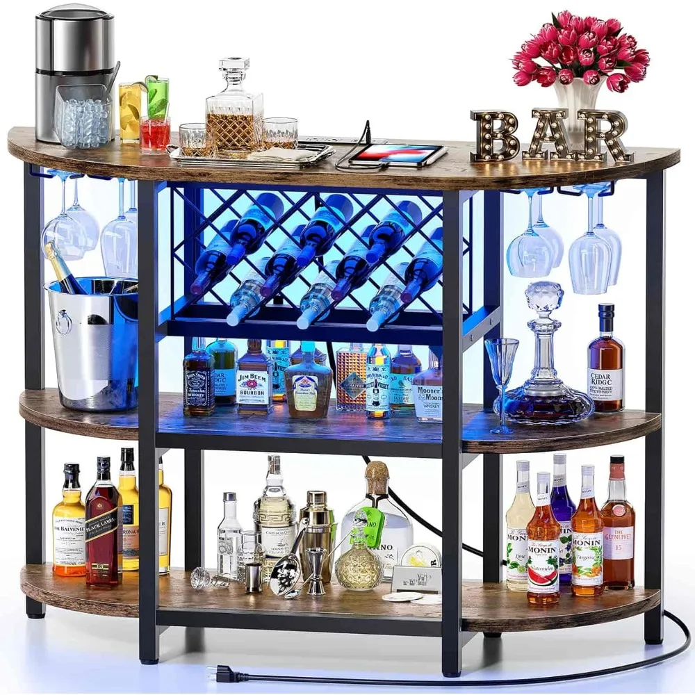 

Bar Cart With Power Outlet Easy To Assemble, Led Home Bar Cabinet For Liquor, 47.3" L X 15.8" D X 36" H Metal Mini Bar Table