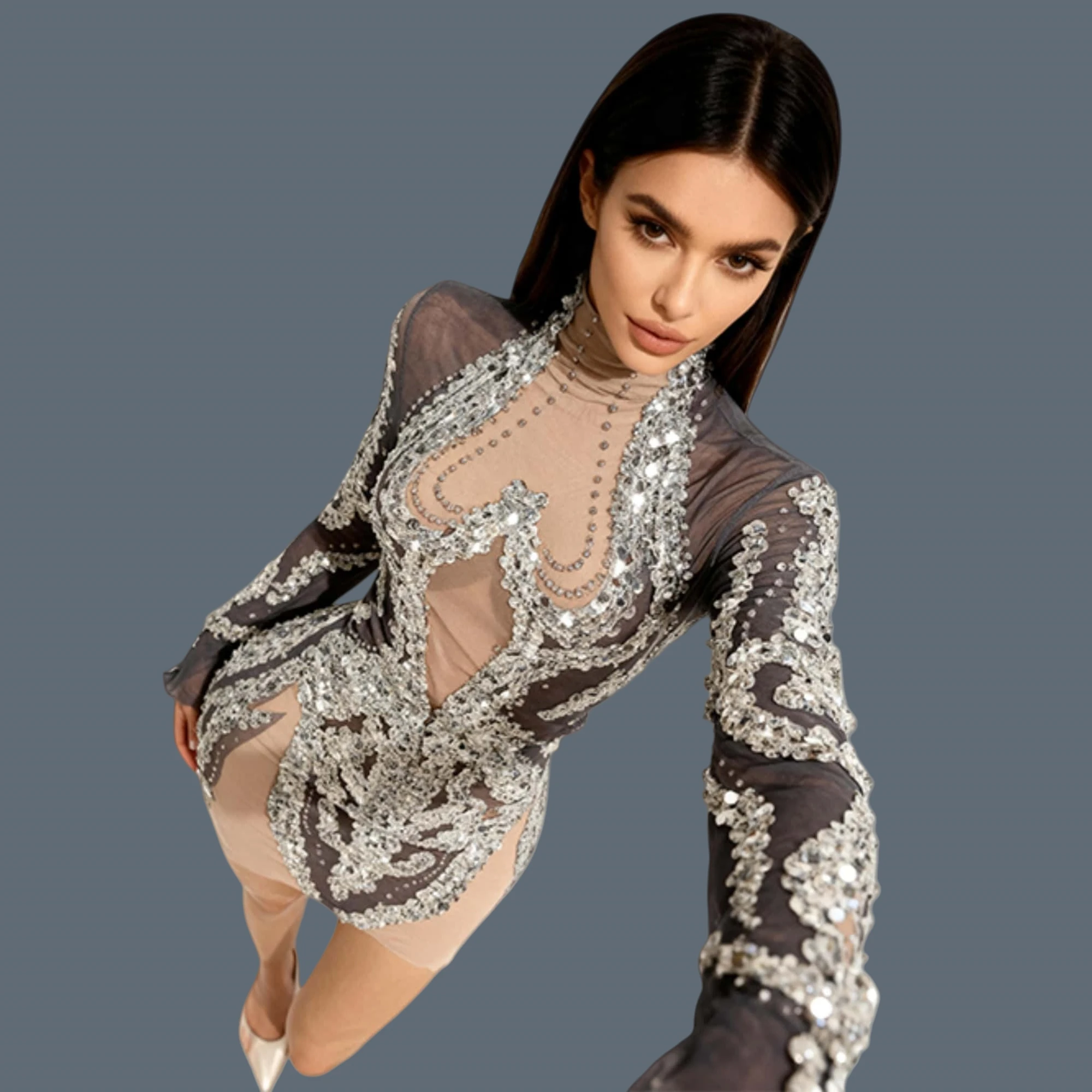 

Sparkly Silver Sequins Mesh Bodycon Mini Dress Sexy Women Nightclub Party Dance Show Outfit Long Sleeves Bandage Dress Shibei