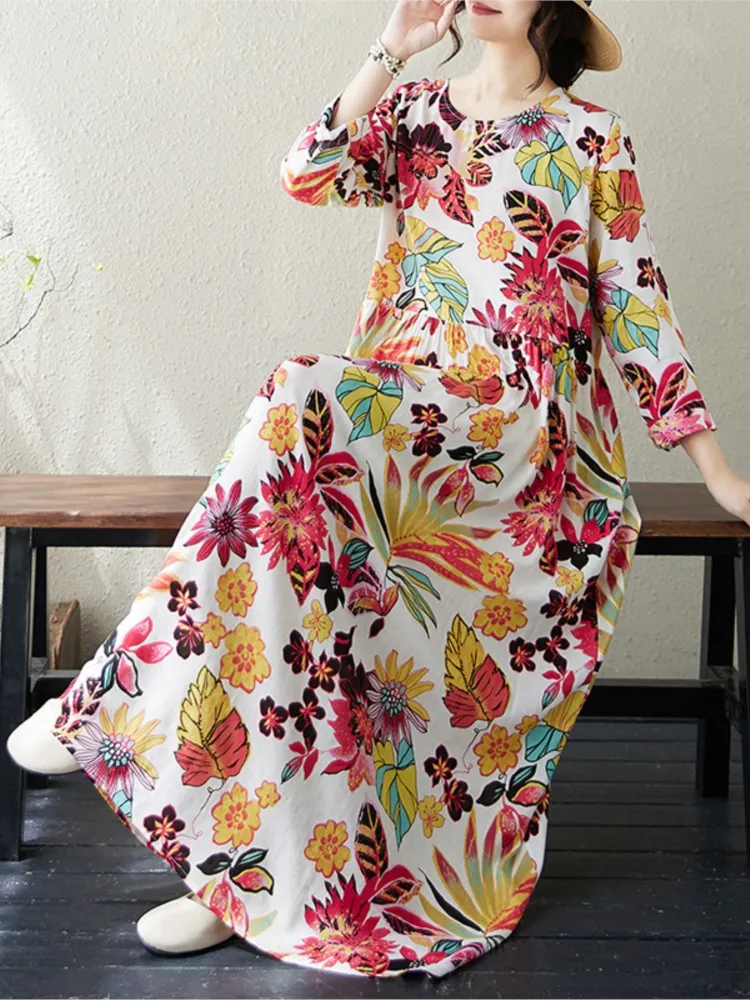 Robe longue plissée à volants pour femmes avec imprimé floral, robes respirantes pour femmes, manches longues, robe trapèze décontractée, mode automne