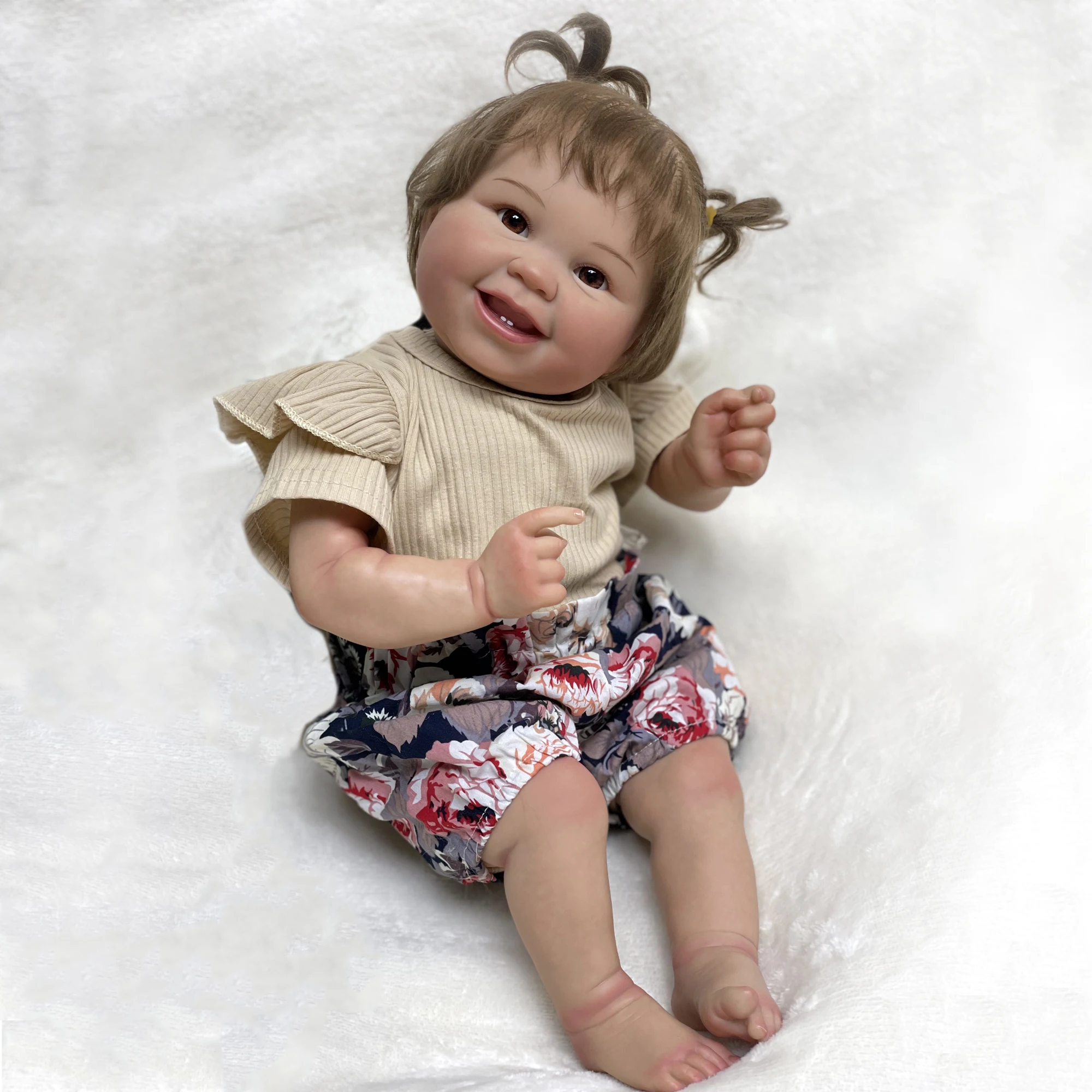 55CM Bebe Reborn Dolls Juliana Lovely Smile Handmade Painted Lifelike Newborn Doll With Rooted Brown Hair Muñecas Para Niñas