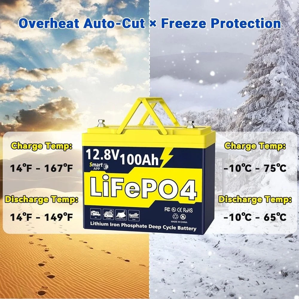 블루투스 기능이 있는 12V 100Ah LiFePO4 배터리, 그룹 24, 4S4P 지원, 온도 보호, 1280Wh 리튬 인산철 배터리