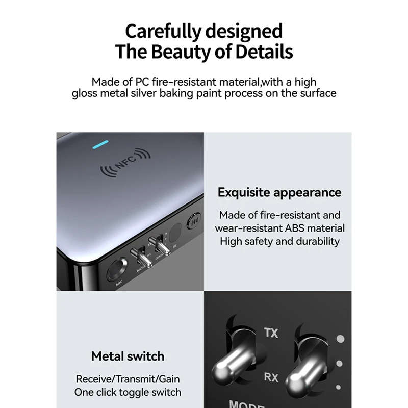 جهاز استقبال ومرسل صوتي بلوتوث ، NFC AUX ، 2RCA ، قرص U ، TF Mic ، بصري محوري ، فك تشفير DSP ، محول لاسلكي ، HiFi