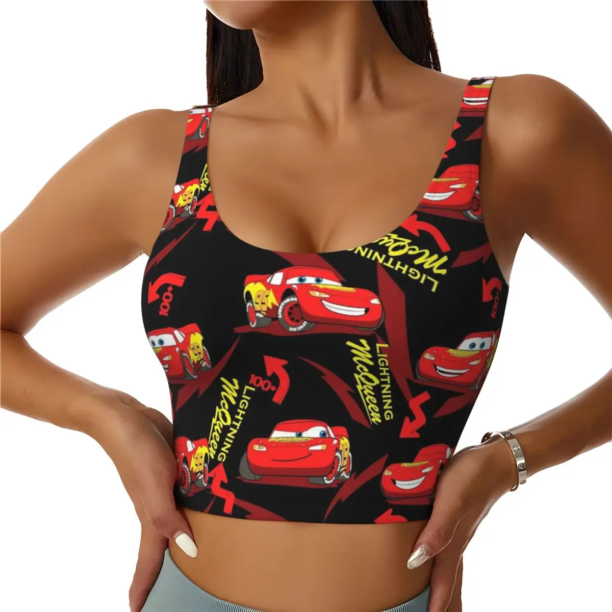 

Custom Lightning McQueen Cartoon Wallpaper Sports Bra Women's High Impact Workout Yoga Crop Top