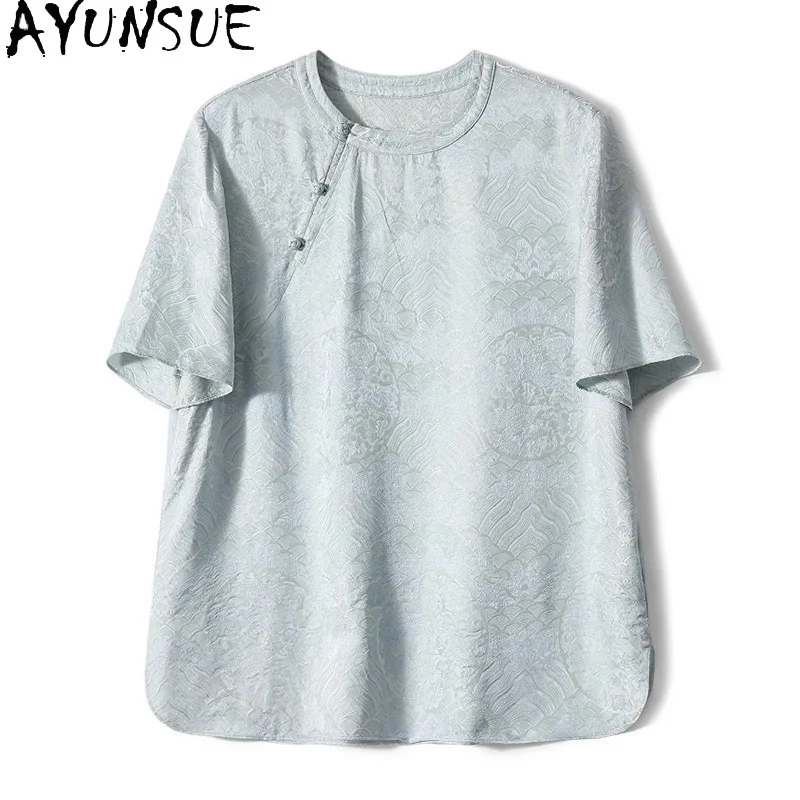 AYUNSUE Silk Women's T-shirts New Chinese Style Jacquard Blouse Short Sleeve Blue Tops for Woman Summer Clothing Woman Одежда