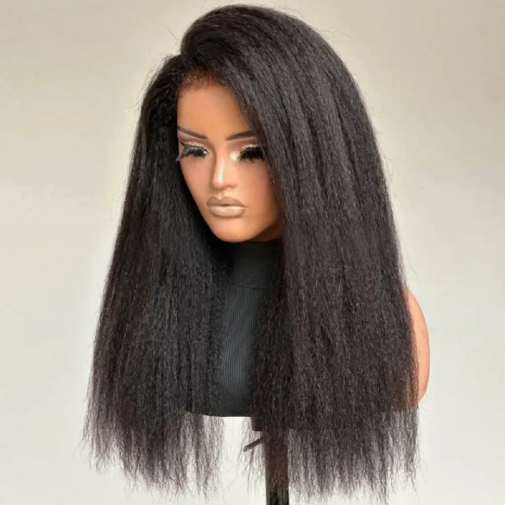 

Black Yaki 30 inch180 Density Kinky straight Preplucked Lace Front Wig For Women Natural Hairline Synthetic BabyHair