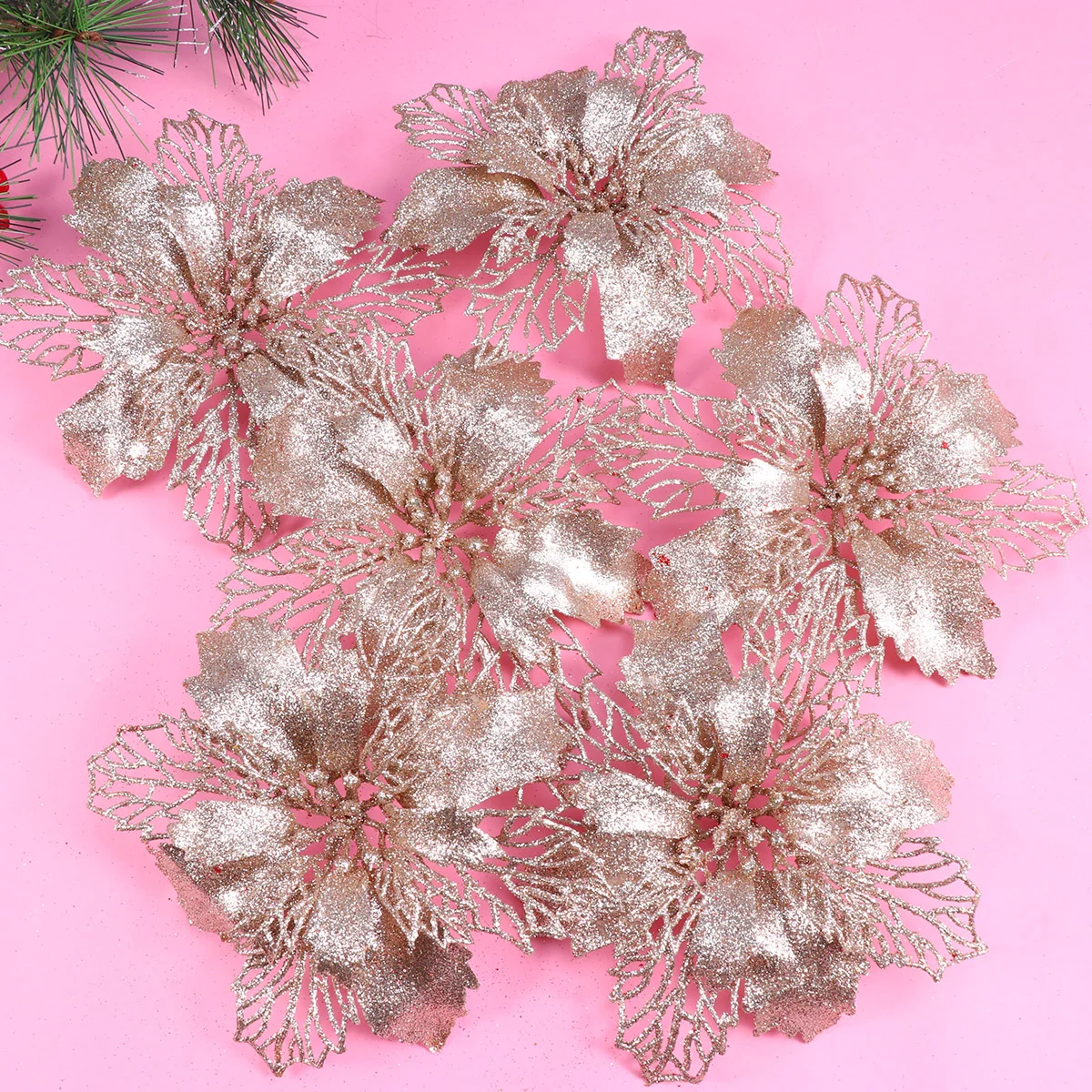 

12 Pcs Glitter Poinsettia Flowers Inflatable Christmas Ornaments Hollow Simulation Artificial Tree Balls Hanging Pendant