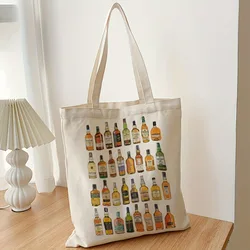 Bottles Wine Tote Bag Full Screen Whiskey Wine Water Pattern Canvas Casual Food Packaging Shopping Bag Storage Bag Good Gifts